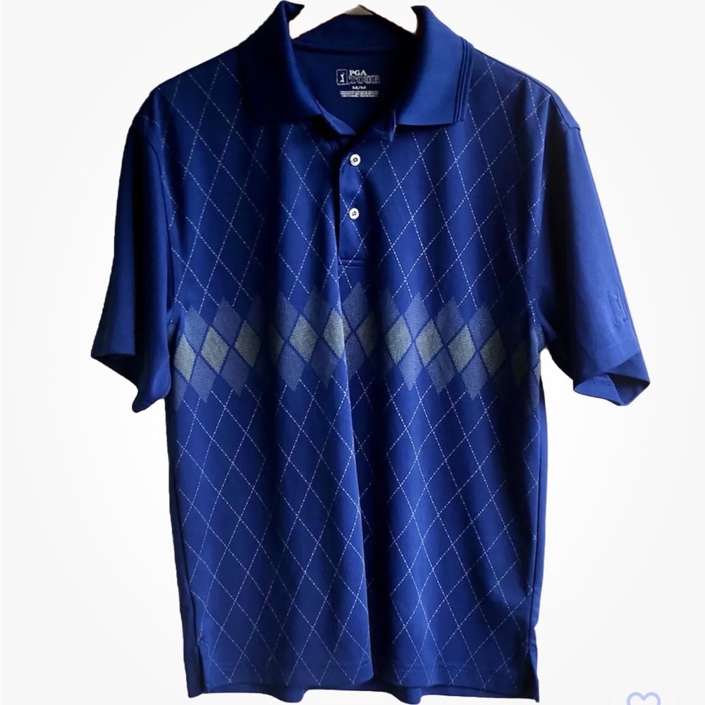 PGA Tour Argyle Pattern Short Sleeve Polo Blue M
